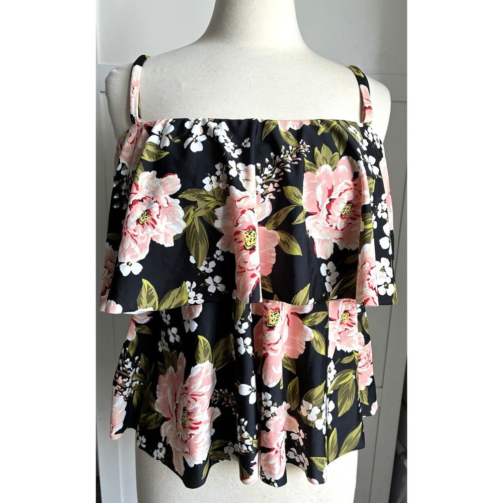 Kona Sol Floral Bandeau Swim Top XL Black Pink Ruffle Tiered Tankini